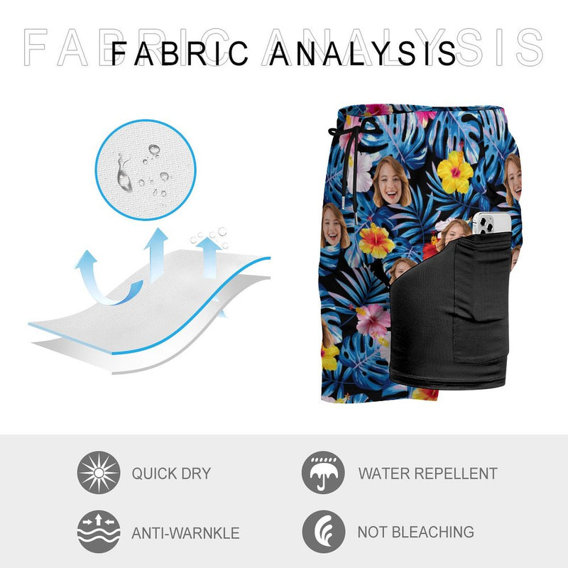 Personalized Face Swim Trunks Custom Face Blue Leaves Black Background Quick Dry Men's Swim Shorts