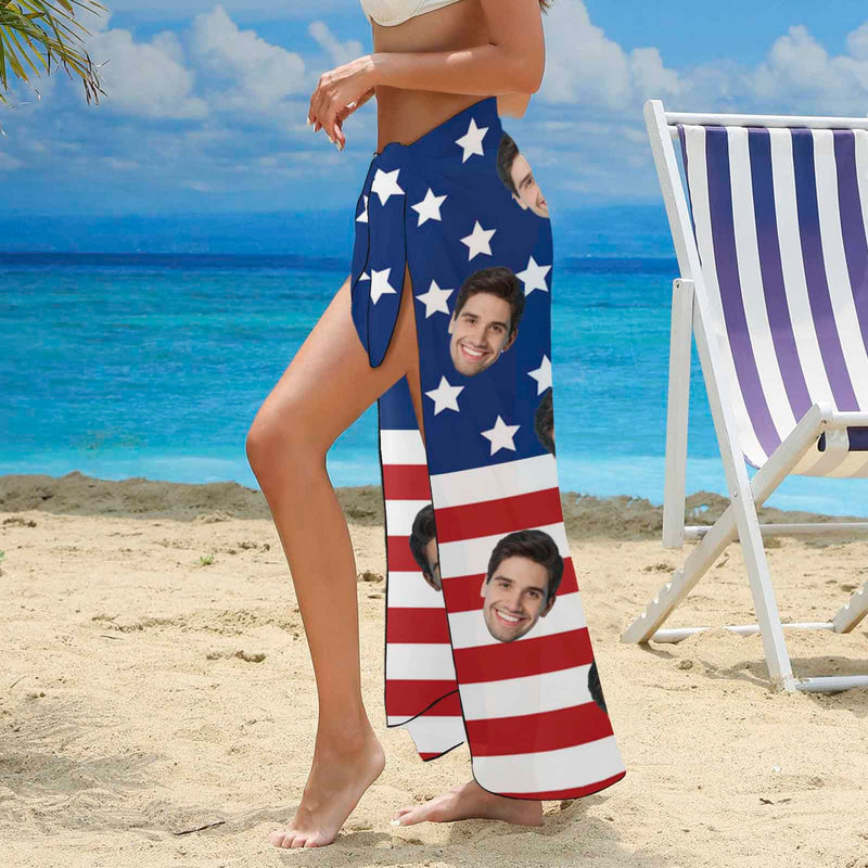 Custom Face American Flag Long Sarongs Beach Wrap Personalized Bikini Cover Up