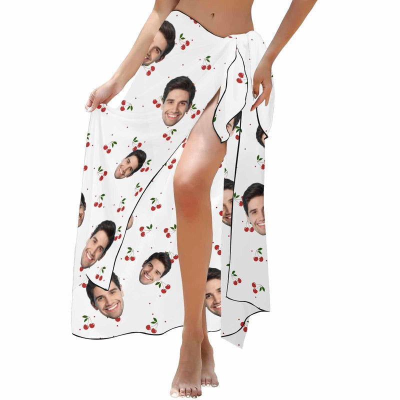 Custom Face Cherry White Long Sarongs Beach Wrap Personalized Bikini Cover Up