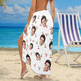 Custom Face Cherry White Long Sarongs Beach Wrap Personalized Bikini Cover Up
