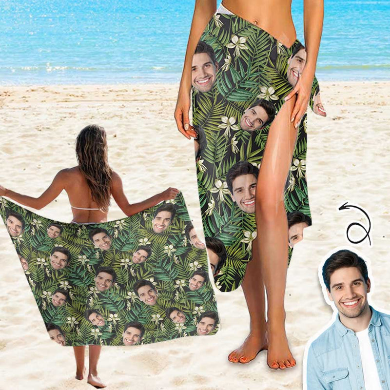 Custom Face Green Leaves Long Sarongs Beach Wrap Personalized Bikini Cover Up