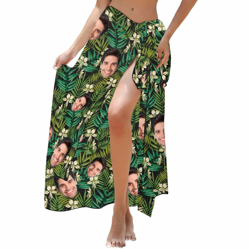 Custom Face Green Leaves Long Sarongs Beach Wrap Personalized Bikini Cover Up