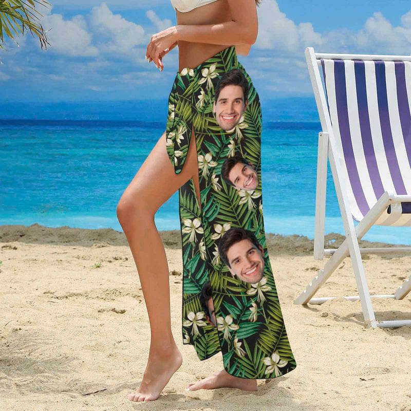 Custom Face Green Leaves Long Sarongs Beach Wrap Personalized Bikini Cover Up