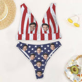 Custom Face American Flag Back Buckle Bikini Personalized Deep V Neck Triangle Bikini Beach Pool Outfits