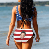 Custom Face American Flag Front Cross Tie Side Bikini Set Personalized Two Piece Swimsuit Bathing Suit