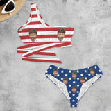 Custom Face American Flag Women One Shoulder Bikini Set High Waisted Tie Cut Two Piece Swimsuits