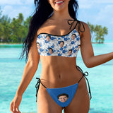 Custom Face Blue Flowers Bikini Set Personalized Women's Off-Shoulder String Swimsuit