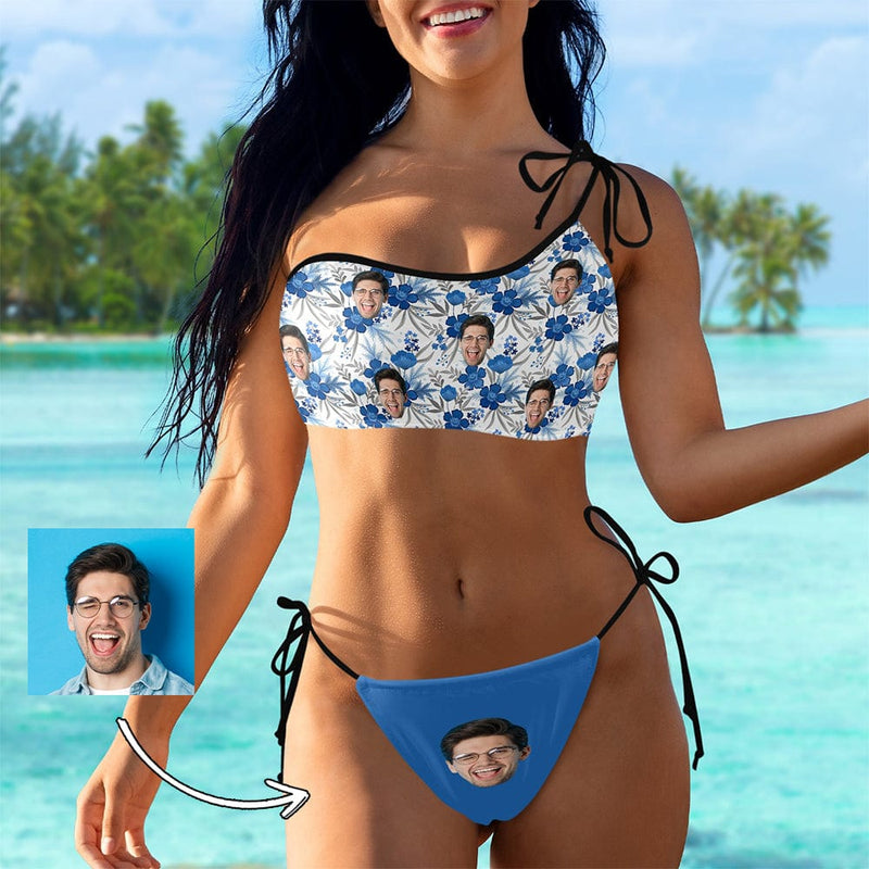 Custom Face Blue Flowers Bikini Set Personalized Women's Off-Shoulder String Swimsuit