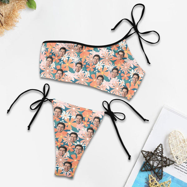 Custom Face Floral Bikini Set Personalized Women's Off-Shoulder String Swimsuit