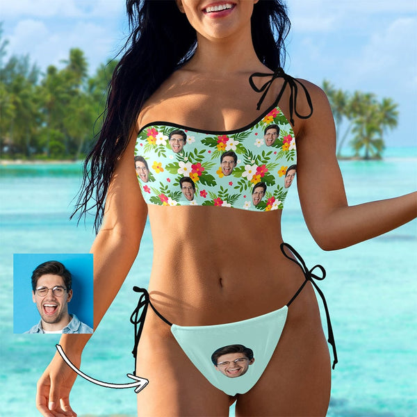 Custom Face Green Flowers Bikini Set Personalized Women's Off-Shoulder String Swimsuit