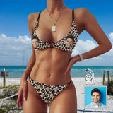 Custom Face Leopard O-Ring Buckle Bikini Set Personalized Low Waist Thong Two Pieces Bathing Suit