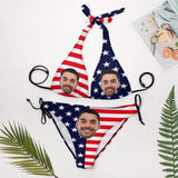 Custom Face American Flag Deep V Neck Bikini Set Halter Tie Side Low Waisted Triangle Bikini Personalized Bathing Suit