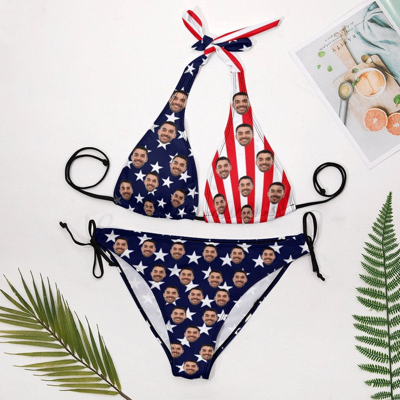 Custom Face American Flag Deep V Neck Bikini Set Halter Tie Side Low Waisted Triangle Bikini Personalized Bathing Suit