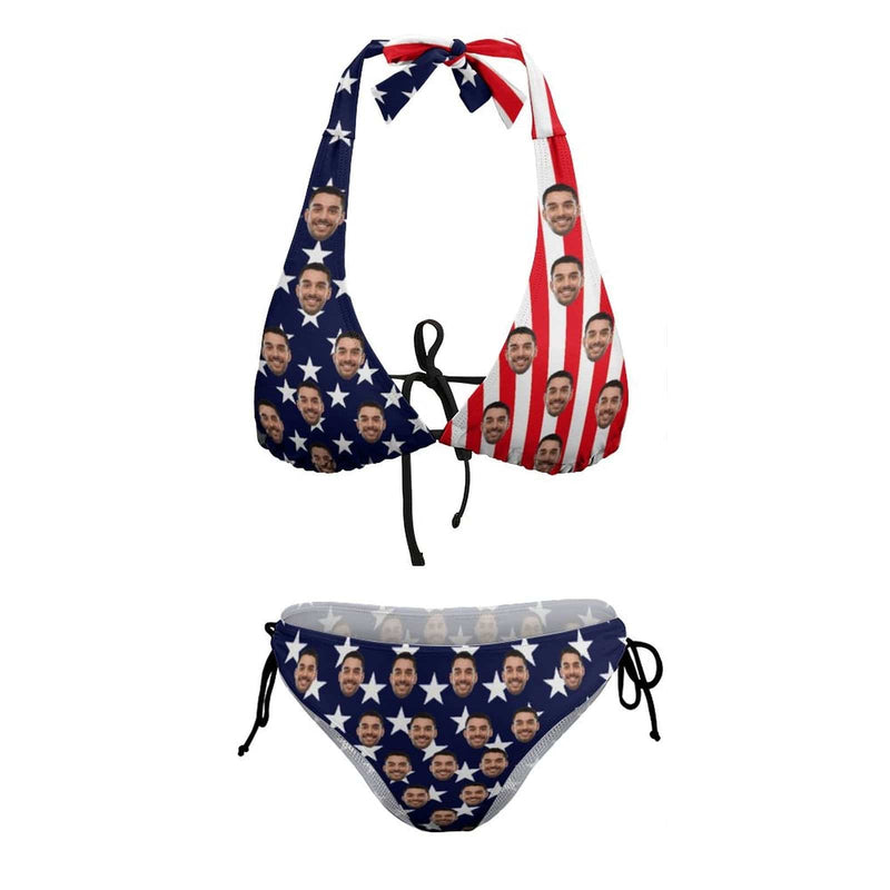 Custom Face American Flag Deep V Neck Bikini Set Halter Tie Side Low Waisted Triangle Bikini Personalized Bathing Suit