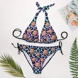 Custom Face Leopard Deep V Neck Bikini Set Halter Tie Side Low Waisted Triangle Bikini Personalized Bathing Suit