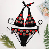 Custom Face Love Heart Deep V Neck Bikini Set Halter Tie Side Low Waisted Triangle Bikini Personalized Bathing Suit