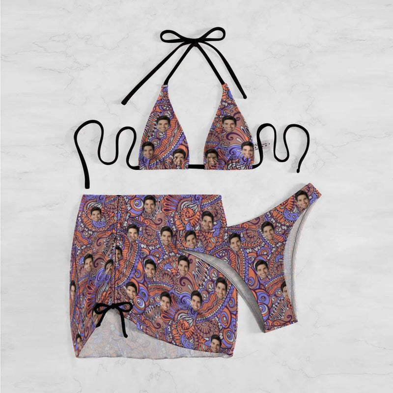 Custom Face Leaves Bikini Set For Women 3-Pieces Summer Swimsuit