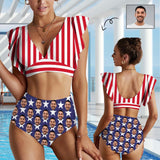 Plus Size#Custom Face American Flag Women Ruffle High Waisted Flounce Bikini Set Two Pieces Swimsuit Beachwear