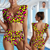 #Plus Size Custom Face Yellow and Pink Leopard Women Ruffle High Waisted Flounce Bikini Set Two Pieces Swimsuit Beachwear