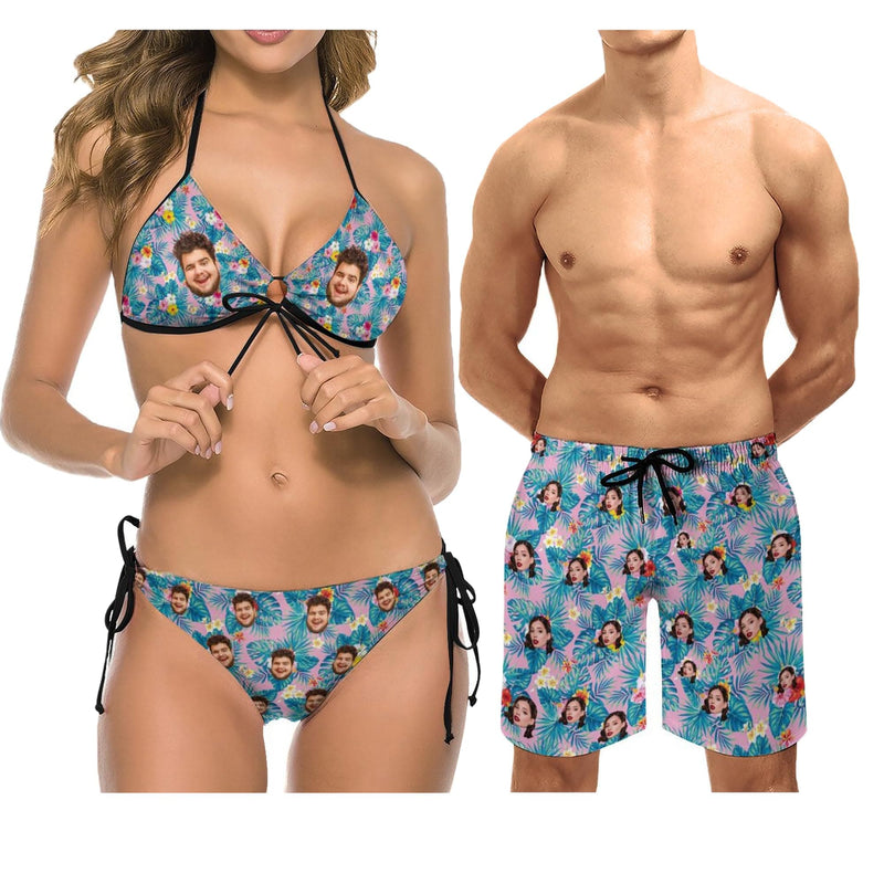 Custom Face Summer Beach Couple Matching Swimsuit Women's Two-Piece Triangle Bikini Bathing Suit Men's Swim Shorts