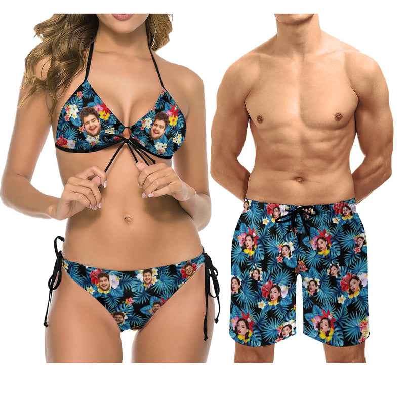 Custom Face Summer Beach Couple Matching Swimsuit Women's Two-Piece Triangle Bikini Bathing Suit Men's Swim Shorts