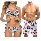 Custom Face Summer Beach Couple Matching Swimsuit Women's Two-Piece Triangle Bikini Bathing Suit Men's Swim Shorts