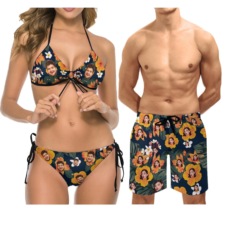 Custom Face Summer Beach Couple Matching Swimsuit Women's Two-Piece Triangle Bikini Bathing Suit Men's Swim Shorts