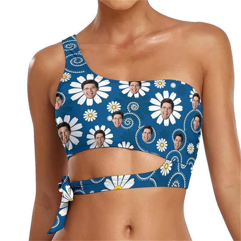 Custom Face Blue Flowers Bikini Top&Bottom One Shoulder Bikini Top Split Bikini