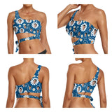 Custom Face Blue Flowers Bikini Top&Bottom One Shoulder Bikini Top Split Bikini