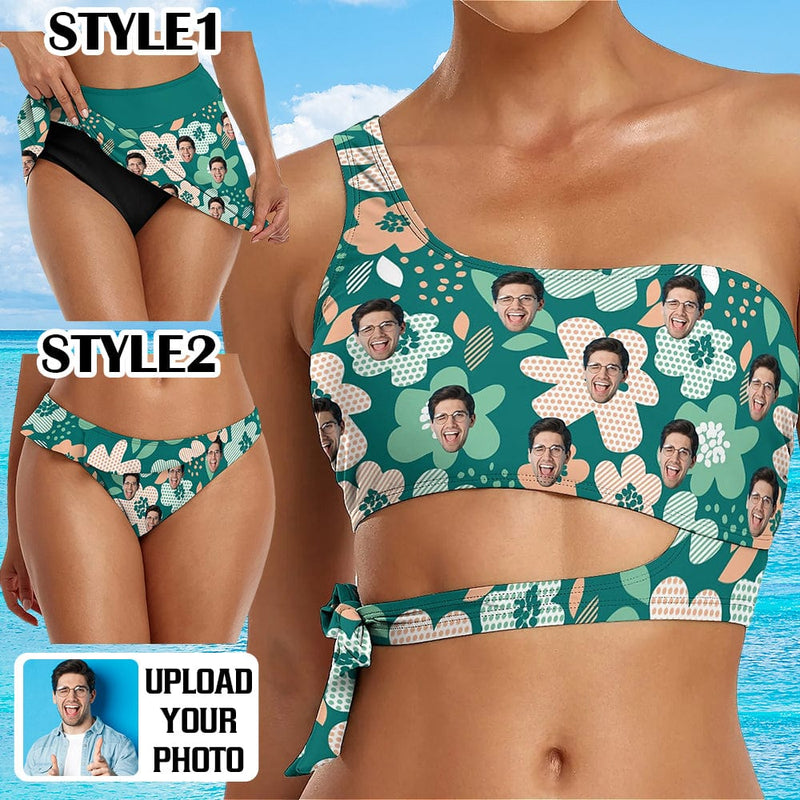 Custom Face Green Flowers Bikini Top&Bottom One Shoulder Bikini Top Split Bikini