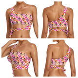 Custom Face Grid Flowers Bikini Top&Bottom One Shoulder Bikini Top Split Bikini