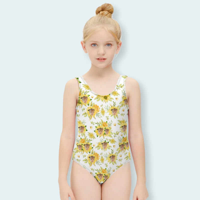 Custom Face Kid's Swimsuit Personalized Face Sunflower One Piece Swimsuit Girl's Swimwear