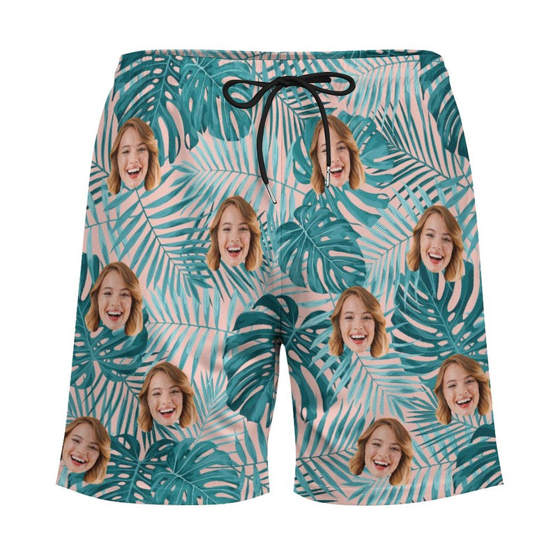 Personalized Face Swim Trunks Custom Face On Leaves Quick Dry Men's Swim Shorts