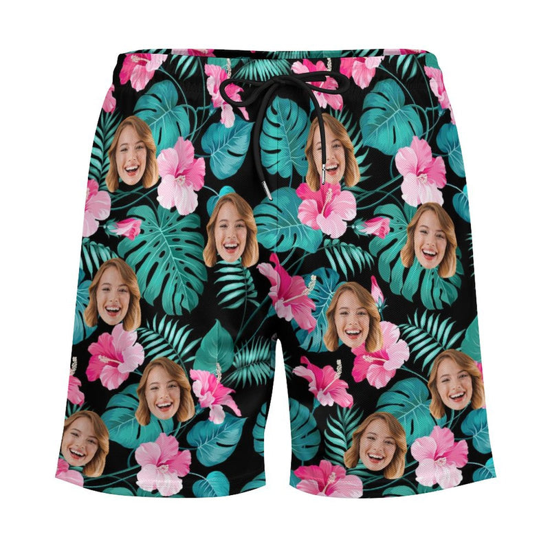 Personalized Swim Trunks Custom Face Green Leaves Pink Flowers Black Quick Dry Swim Shorts