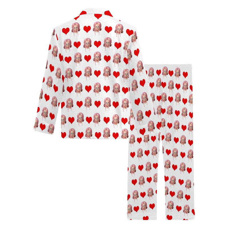 Custom Face Red Heart Long Sleeved Pajamas Personalized Men's Face Long Set