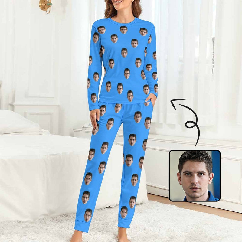 Custom Boyfriend Face Simple Sleepwear Personalized Women's Slumber Party Crewneck Long Pajamas Set - YesCustom