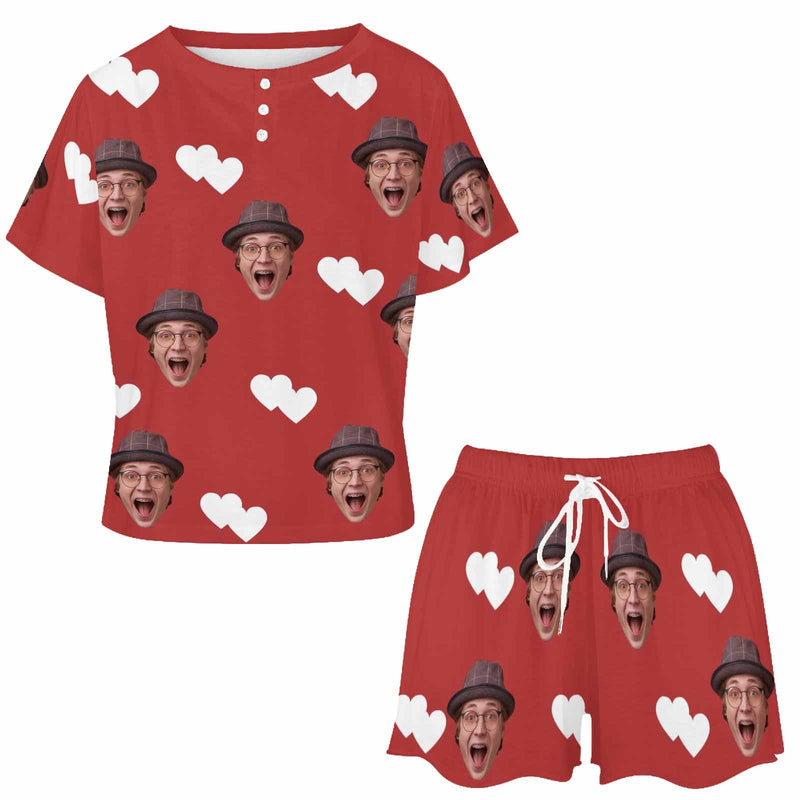 Custom Red Face Pajamas Set Personalized Face Short Sleeved Loungewear Set