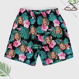 Personalized Swim Trunks Custom Face Green Leaves Pink Flowers Black Quick Dry Swim Shorts