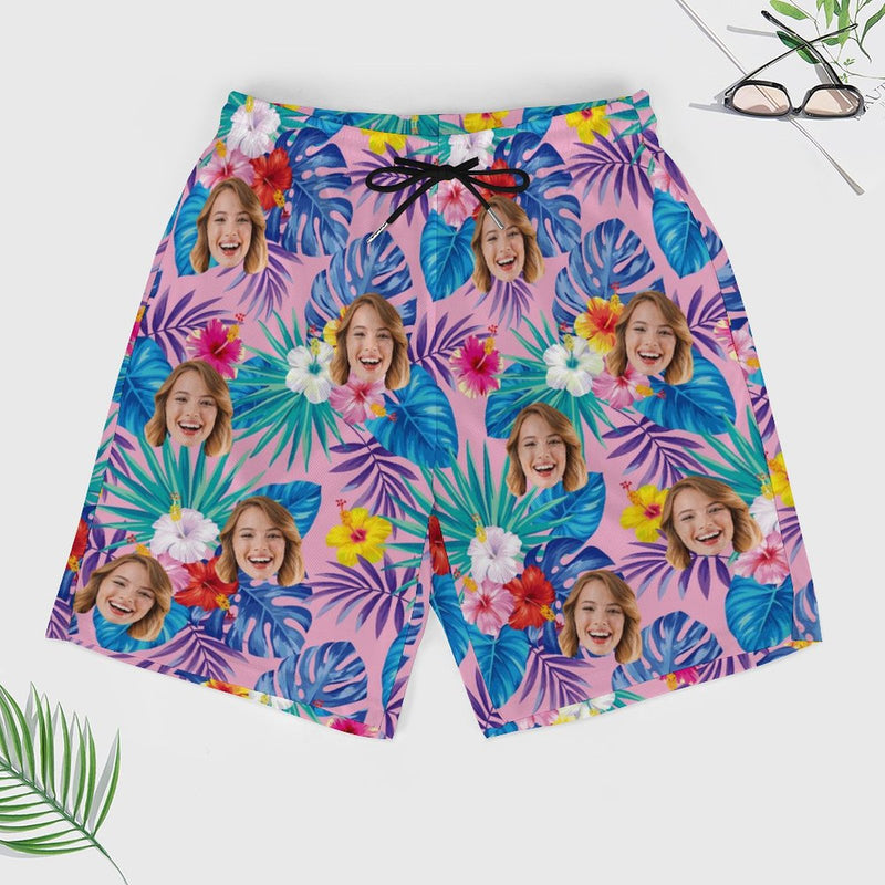 Personalized Face Swim Trunks Custom Face Colorful Flowers Pink Background Quick Dry Men's Swim Shorts