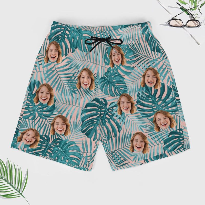 Personalized Face Swim Trunks Custom Face On Leaves Quick Dry Men's Swim Shorts