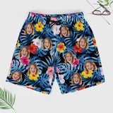 Personalized Face Swim Trunks Custom Face Blue Leaves Black Background Quick Dry Men's Swim Shorts