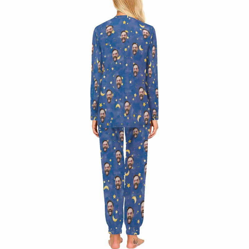 Custom Face Blue Pajamas Set Personalized Women's Crew Neck Face Long Sleeve Pajamas