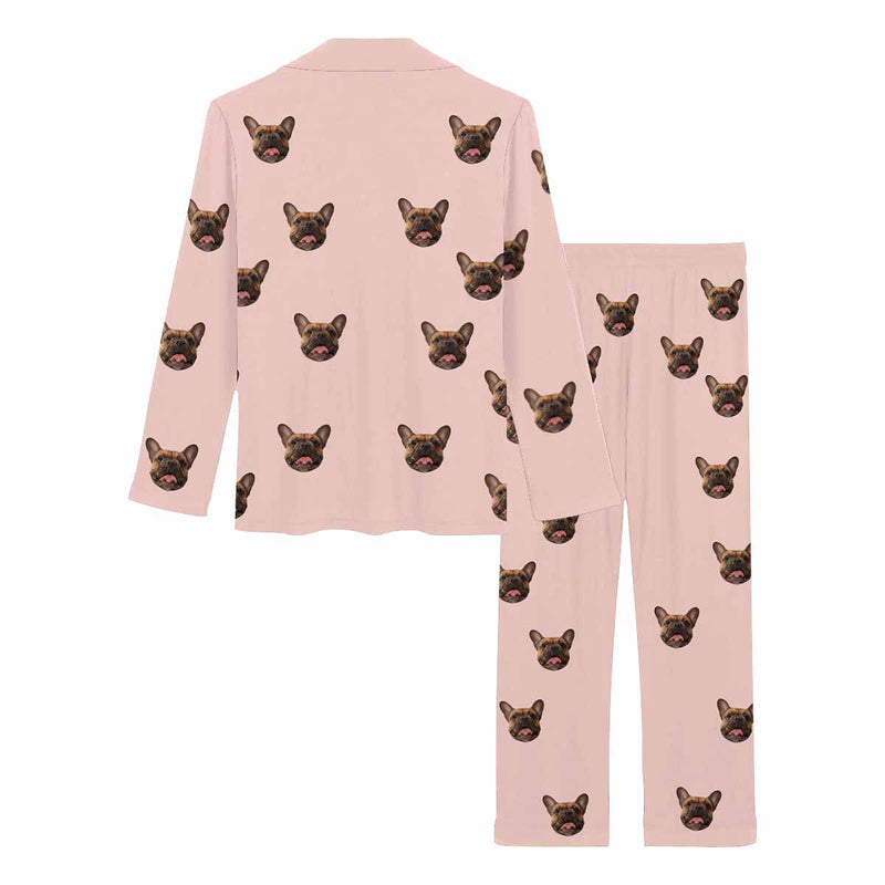 Custom Face Women's Pajama Set Personalized Women's Pink Dog Face Long Sleeve Pajama Set