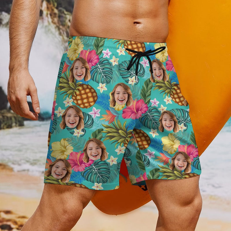 Special Offer#Personalized Face Swim Trunks Custom Face Pineapple Flowers Quick Dry Men's Swim Shorts