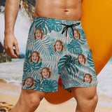 Personalized Face Swim Trunks Custom Face On Leaves Quick Dry Men's Swim Shorts