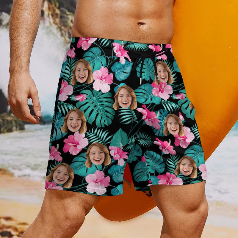 Personalized Swim Trunks Custom Face Green Leaves Pink Flowers Black Quick Dry Swim Shorts