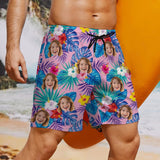 Personalized Face Swim Trunks Custom Face Colorful Flowers Pink Background Quick Dry Men's Swim Shorts