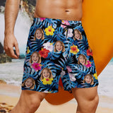 Personalized Face Swim Trunks Custom Face Blue Leaves Black Background Quick Dry Men's Swim Shorts