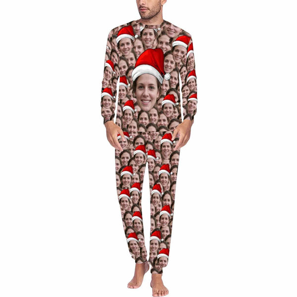 Custom Face Family Seamless Christmas Hat Sleepwear Personalized Family Slumber Party Matching Long Sleeve Pajamas Set