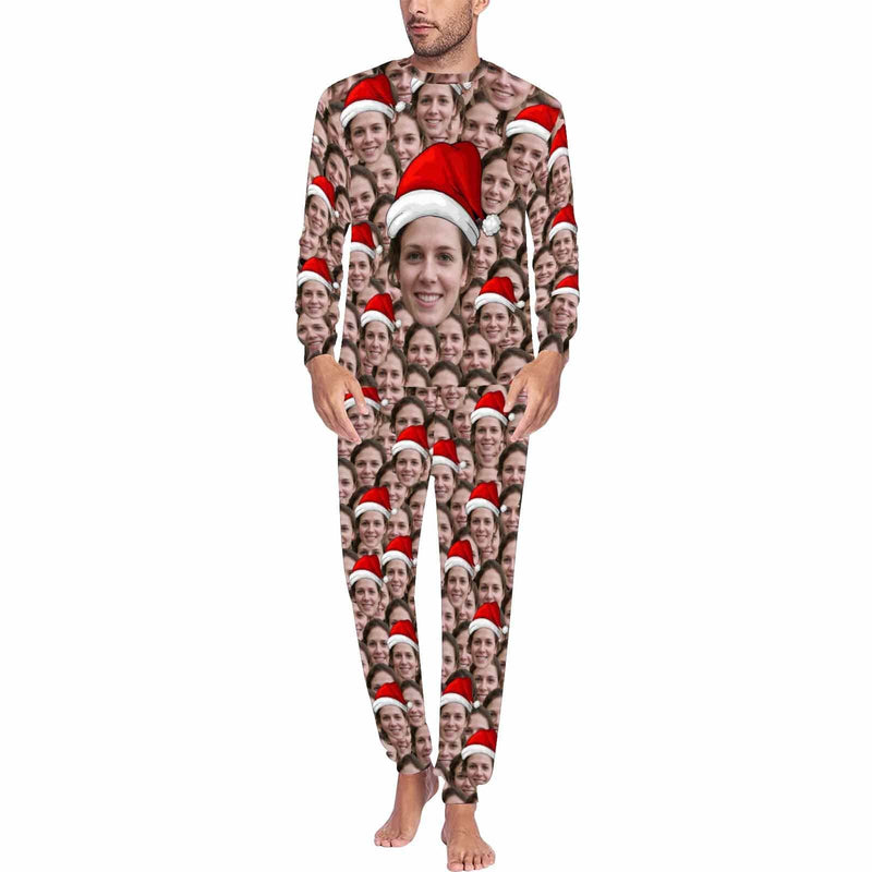 Custom Face Family Seamless Christmas Hat Sleepwear Personalized Family Slumber Party Matching Long Sleeve Pajamas Set